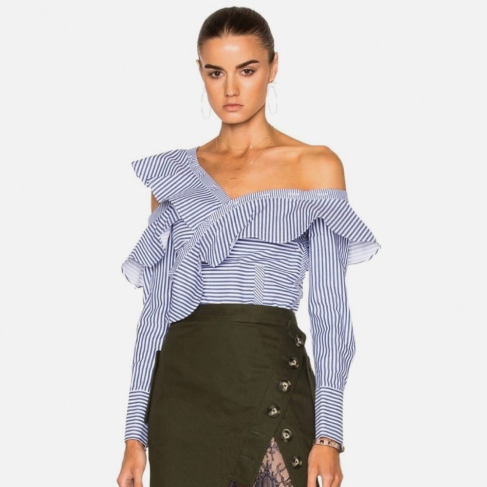 Self-Portrait Navy and White Striped Asymmetric Ruffle Blouse